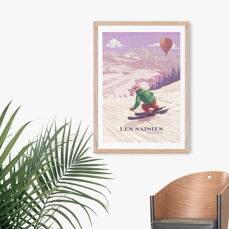 Cartel de la estación de esquí de Les Saisies, Francia, Espace Diamant, Hauteluce, Alpes franceses, Saboya, Albertville, Vintage Travel Print, Snowboard Art imagen 3