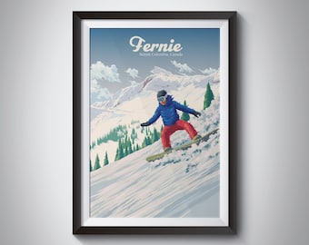 Fernie Snowboarding Poster, British Columbia, Fernie Ski Resort, Canada Travel Poster, Wall Art Print Gift, Skiing, Whistler, Vintage Print