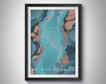 Go Wild Swimming Print, Travel Poster, Outdoor Swimming, Adventure, Swimmer Gift, Wall Art Decor, Hiking, National Park, Painting, Triathlon