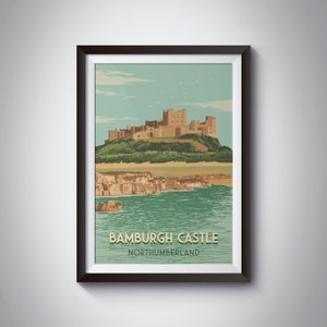 Bamburgh Castle Print, Northumberland Coast Travel Poster, Railway Art, England Seaside, Retro Wall Art Decor, Painting Gift, Farne Islands