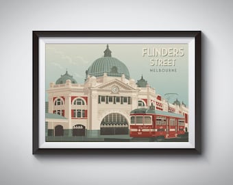Poster di viaggio di Flinders Street Melbourne, stazione di Flinders Street, tram di Melbourne, stampa di viaggio in Australia, architettura, arte murale vintage