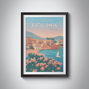 Cefalonia Grecia Poster di viaggio, Cefalonia, Mar Ionio, Argostoli, Grotta di Melissani, Spiaggia di Myrtos, Sami, Isole Ionie, Isole greche Stampa