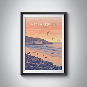 Westward Ho! Travel Poster, Seaside Print, North Devon, Bideford, Barnstaple, Beach, AONB, Coastal Hiking, Vintage Travel Print, Framed Art