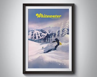 Whitewater Ski Resort Poster, Canada, British Columbia, Nelson, Selkirk Mountains, Ymir Bowl, Vintage Travel Print, Snowboarding, Skiing Art
