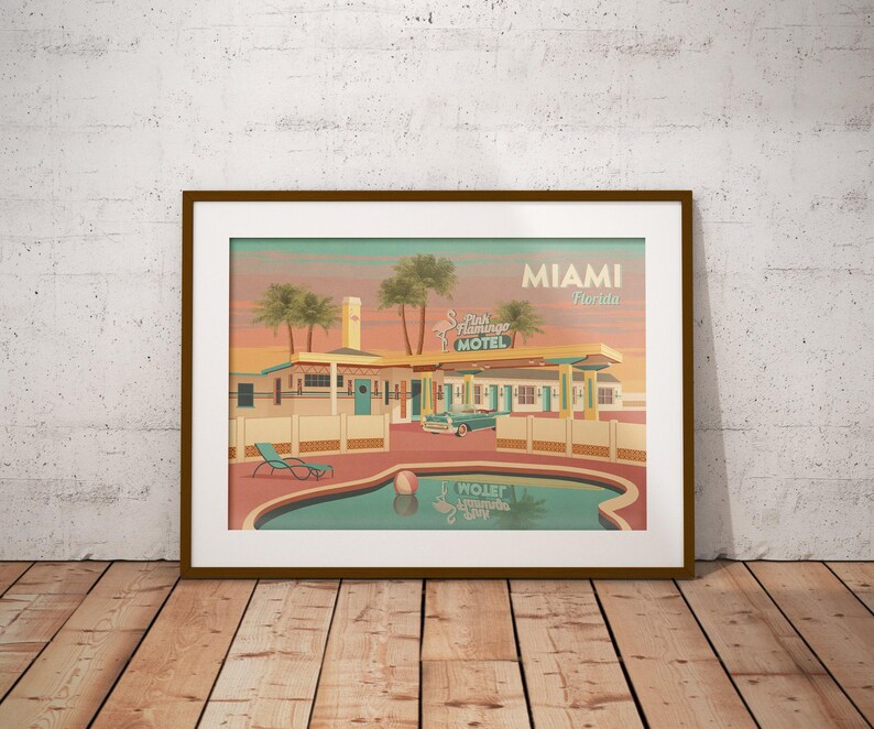 Miami Florida Reise Poster, USA, Retro Miami Druck, Vintage Hottel Art, Americana, Route 66, Nationalpark Poster, Spring Break, Magic City Bild 2