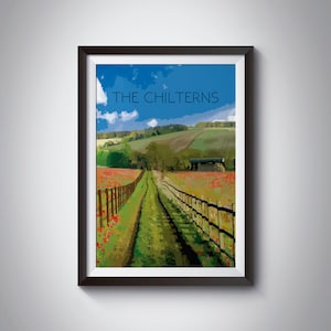 Póster de Chilterns, impresión de viaje, póster de parque nacional, impresión vintage, colinas de Chiltern, Ridgeway, Ivinghoe Beacon, AONB, Coombe Hill, arte