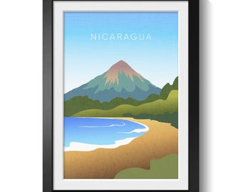 Nicaragua Reiseplakat, Minimalistischer Reisedruck, Nicaraguasee Wandkunst, Vulkan Ometepe Kunstwerk, Mittelamerika Reise, gerahmter Druck