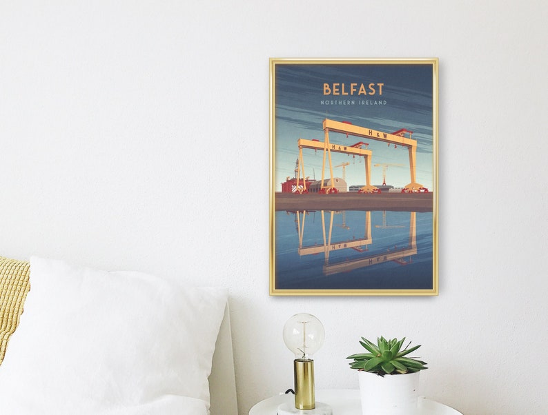 Beltz Nordirland Reiseplakat, Samson und Goliath Cranes, Queen's Island, Harland und Wolff, irischer Reisedruck, Wandkunst gerahmt Bild 3