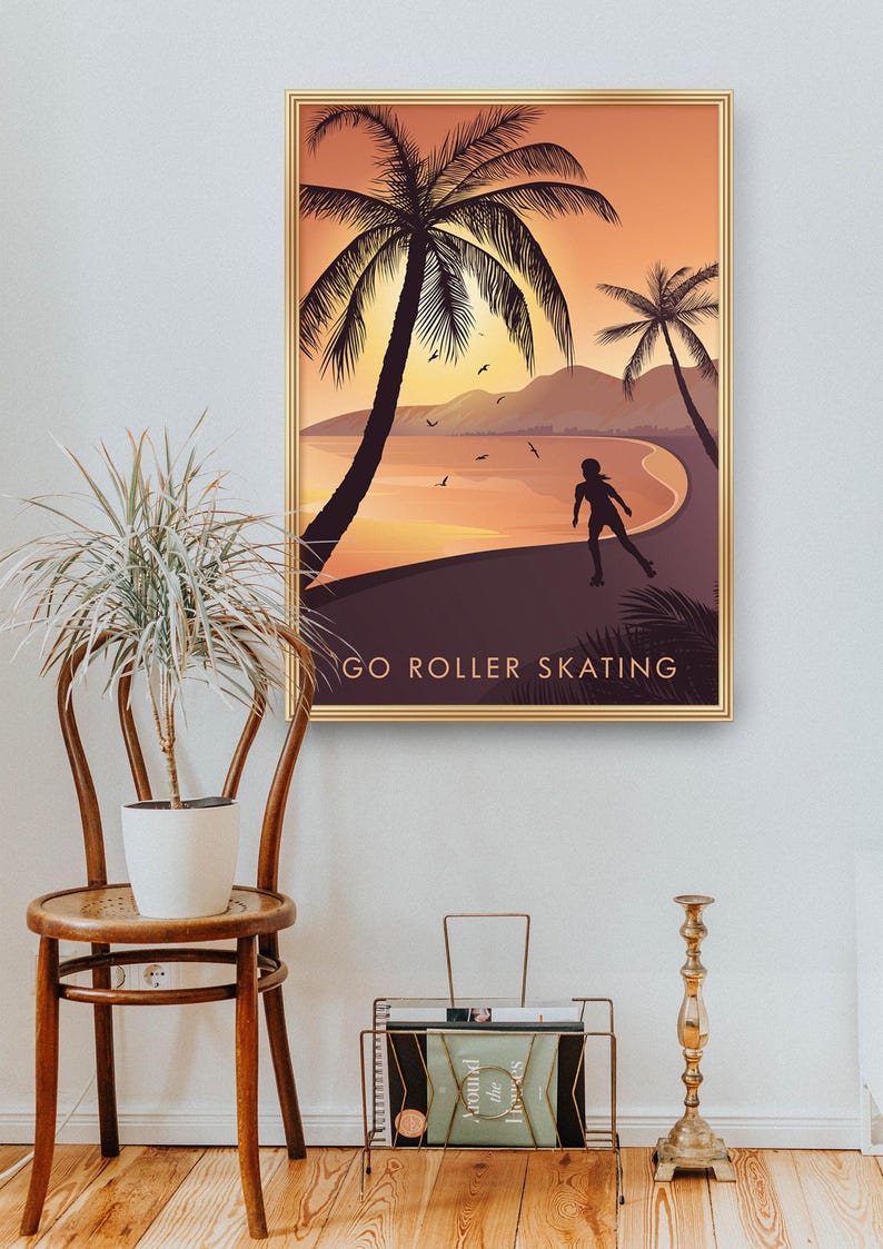 Go Roller Skating Art Print, Outdoor Hobbies, Roller Blading, Vintage Travel Poster, Outdoor Activities, Framed Print, Retro Skating Gift image 4
