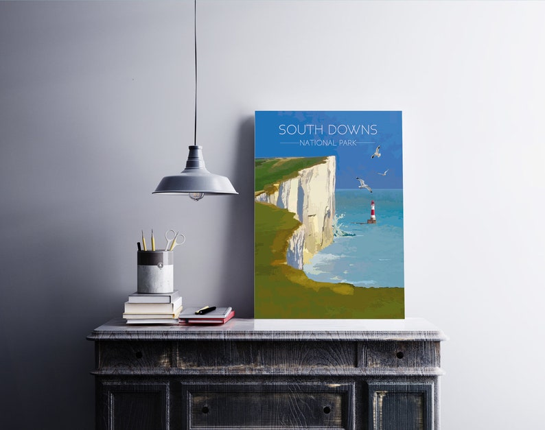 South Downs National Park Poster, Travel Print, Seaside Art, Seven Sisters, Sussex, UK, Vintage, Beachy Head Lighthouse, Brighton Beach Gift image 3