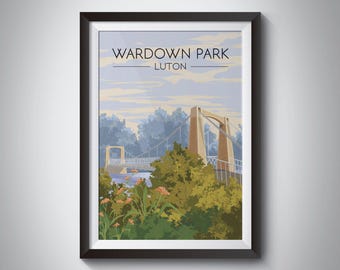 Wardown Park Poster, Luton Travel Print, River Lea, Bedfordshire, Wardown Park Museum, Suspension Bridge, Retro Luton Gift, Framed Print