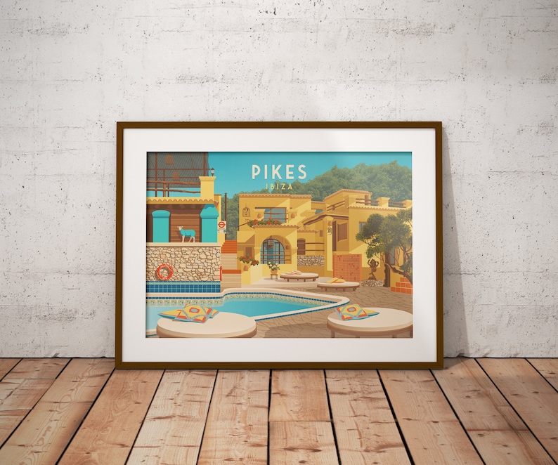 Cartel de la discoteca Pikes Ibiza, Hotel Pikes, Cartel de viaje de Ibiza, Space Ibiza, Tony Pike, Amnesia, Privilege, Cafe Mambo, España, San Antonio imagen 2