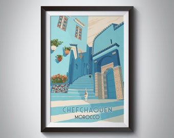 Chefchaouen Morocco Travel Poster, Blue Pearl Print, Rif Mountains Morocco, Moroccan Art, Marrakech, Fez, Atlas Mountains, Art Deco, Vintage