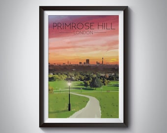 Primrose Hill Print, London Travel Poster, London Wall Art, Camden Town, Chalk Farm, Sunrise, Skyline, Cityscape, Art, Painting, London Park
