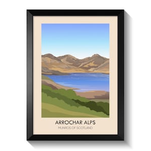 Arrochar Alps Poster, Munros of Scotland Travel Print, Munro Bagging, Scottish Highlands, Grampian Mountains, Loch Long, Loch Fyne Loch Goil