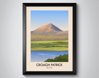 Poster di Croagh Patrick, stampa di viaggio in Irlanda, arte murale di montagna irlandese, The Reek, escursioni in Irlanda, contea di Mayo, arte incorniciata in Irlanda, Clew Bay