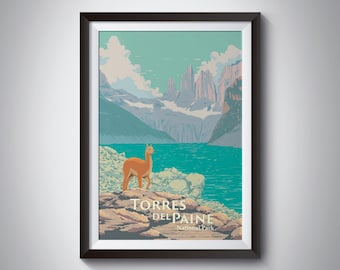 Torres del Paine National Park Poster, Patagonia Chile Travel Print, Guanaco, South America, Cuernos del Paine, Adventure, Mountains, Hiking