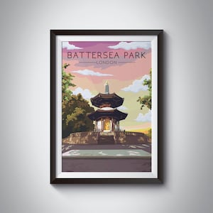 バタシー パーク ロンドン ポスター、旅行プリント、平和塔、バタシー発電所、ロンドン ウォール アート、ワンズワース、チェルシー、テムズ川、装飾