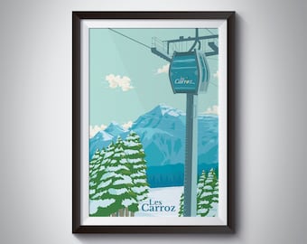 Les Carroz Poster, Ski Resort Print, Vintage, Retro Art, Grand Massif, French Alps, France, Europe, Skiing, Snowboarding, Flaine, Morillon