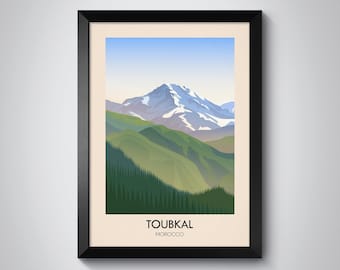 Póster del Toubkal, Marruecos, impresión del Monte Toubkal, arte mural de Marruecos, póster de viaje a Marruecos, montañas del Atlas, arte de Marrakech, decoración del hogar enmarcada