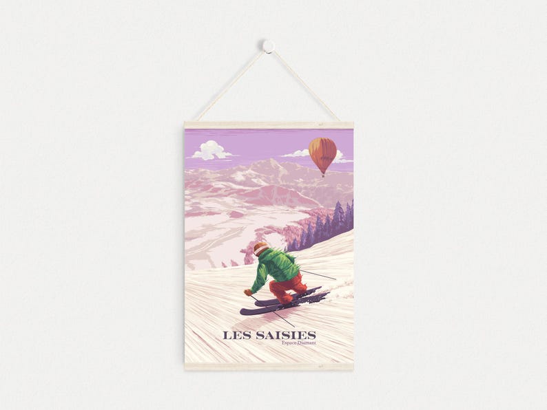 Cartel de la estación de esquí de Les Saisies, Francia, Espace Diamant, Hauteluce, Alpes franceses, Saboya, Albertville, Vintage Travel Print, Snowboard Art imagen 2