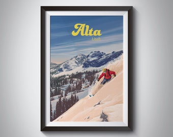 Alta Utah Ski Resort Poster, Snowbird, Vintage Ski Poster, North American Skiing Print, Salt Lake City, Park City UT, USA, Rocky Mountains