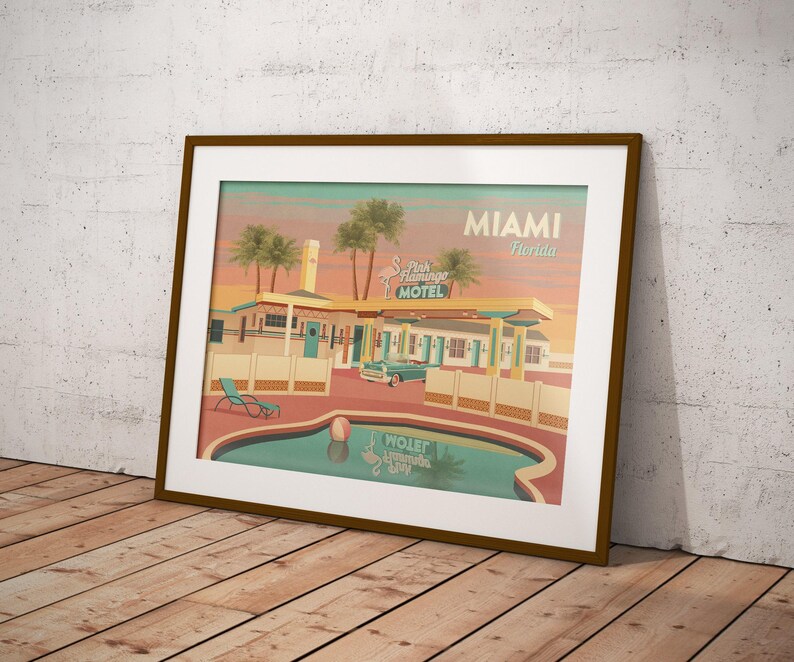 Miami Florida Reise Poster, USA, Retro Miami Druck, Vintage Hottel Art, Americana, Route 66, Nationalpark Poster, Spring Break, Magic City Bild 3
