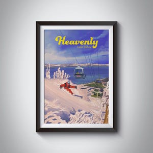 Himmlisches Bergresort-Plakat, Kalifornien-Skigebiet-Plakat, Lake Tahoe-Reise-Plakat, Kirkwood, Skilaufender Druck, Weinlese-Ski-Kunst