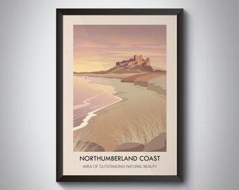 Northumberland Coast AONB Travel Poster, Northeast England, Berwick-Upon-Tweed, Bamburgh Beach, British Coastline, Bamburgh Castle, Vintage