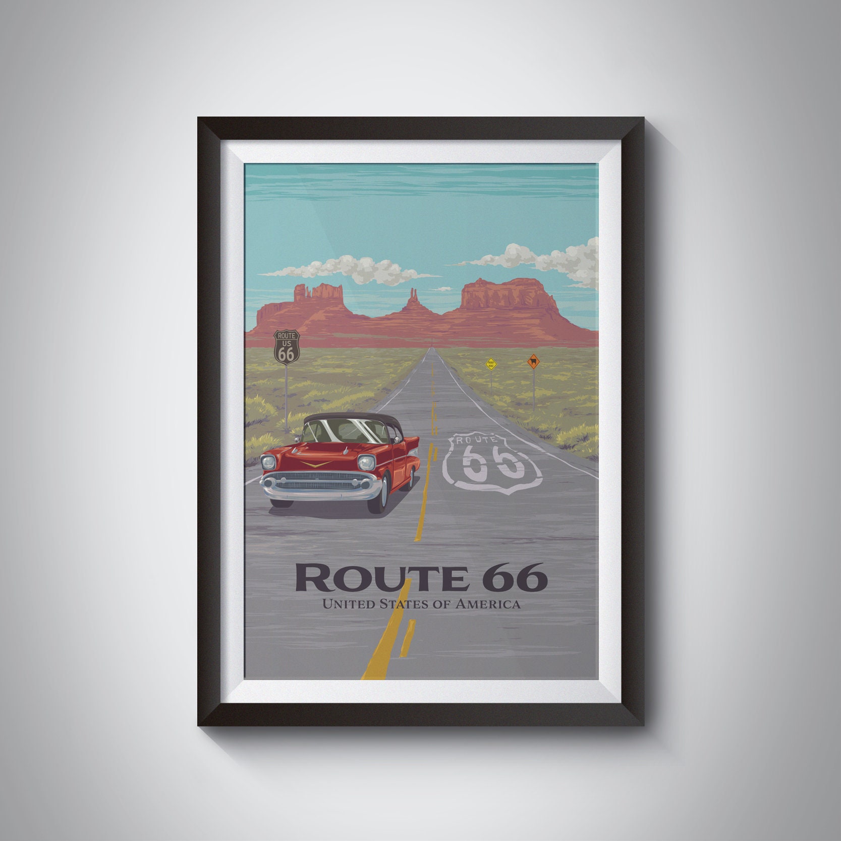 Route 66 Travel Poster, USA, Chicago, LA, Texas, Arizona, New Mexico, Retro American Print, Vintage Car Poster, Road Trip, Vintage Americana