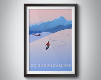 Go Snowboarding Print, Travel Poster, Outdoor Adventure Sport, Gift for Snowboarder, Mountaineering, Skiing, Hiking, Vintage Ski Poster Art