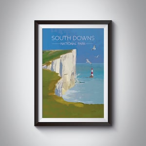 South Downs National Park Poster, Travel Print, Seaside Art, Seven Sisters, Sussex, UK, Vintage, Beachy Head Lighthouse, Brighton Beach Gift image 1