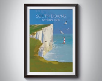 South Downs National Park Poster, Travel Print, Seaside Art, Seven Sisters, Sussex, UK, Vintage, Beachy Head Leuchtturm, Brighton Beach Geschenk