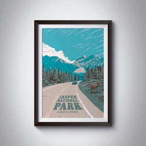 Cartel del Parque Nacional Jasper, Impresión de viaje de Canadá, Montañas Rocosas, Alberta, Arte canadiense, Cartel al aire libre, Vintage, Retro, Las Montañas Rocosas