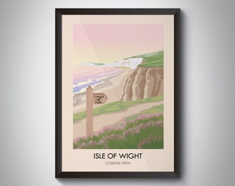Isle Of Wight Coastal Path Poster, UK Hiking Trail, Cowes, Ventnor, Ryde, Vintage Travel Print, Yarmouth, Retro Artwork, Framed, Compton Bay