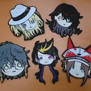 May include: Five embroidered patches featuring anime characters. The patches are colorful and feature different characters with unique hairstyles and clothing.