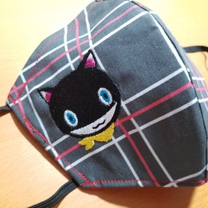 Persona Game inspired Embroidered Morgana Mask Face Mask With nose strip and filter pocket