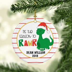 Dinosaur Ornament - Personalized Christmas Ornament for Boy or Girl - Dated Xmas Ornament - Rawr - Cute Dino with Santa Hat - Grandson Gift