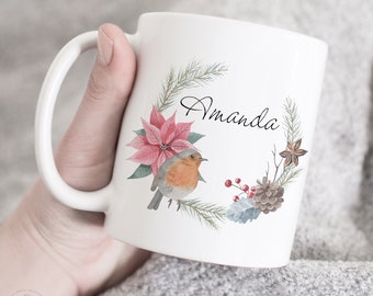 Personalized Coffee Mug - Christmas Wreath Scene with Bird Poinsettia and Pinecone - Pretty Winter Custom Mug with Name - Gift for Coworker