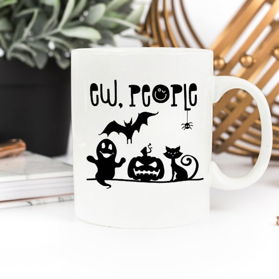 Ew People Halloween Coffee Mug - Funny Halloween mug with Ghost Pumpkin Bat Spider and Black Cat