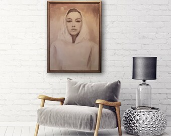 Late 20th C., Large Oil on Canvas Painting " Woman in White ", Portrait