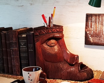 Mid century Bookend, Svilen Tatrandzhiiski, Unusual Large Wooden Head Book Holder Sculpture with Pen/Pencil Holder, Hand Carved, ##2