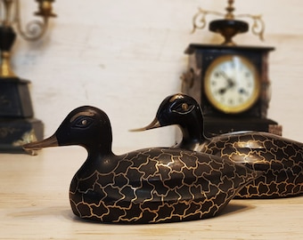 1930's, Set of Two Large French Art Deco Bronze Swimming Duck Sculptures/ Figurines/ Figures, Black Patina, Hand Painted / Decorated, #16