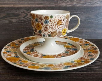 1980&#39;s, Vintage Rosenthal Studio-Line Trio of Coffee/ Tea Footed Cup, Saucer and Plate with Flowery Pattern, Marked, #15