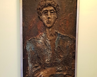 Mid-century, Impressionist Relief Portrait of a Man, Papier Mache and Thick Oil on Canvas