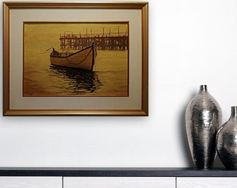 2012, Nedko Nedev, Pintura al óleo "Barco de pesca de Balchik", firmado, fechado y titulado