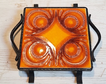Mid-century Wessel Art Nouveau Orange and Yellow Tile Trivet#7