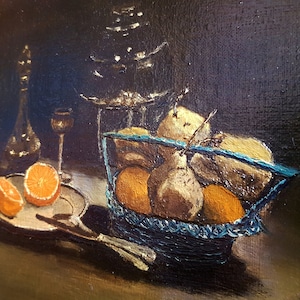 19世紀、油彩、板に描いたオレンジと洋ナシの静物画、署名入り