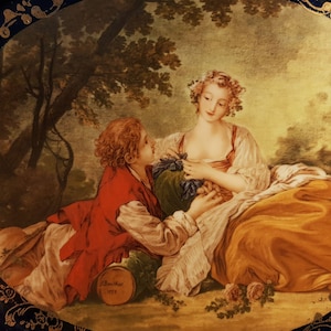 1895 - 1915, Meissen Cobalt Blue and Gold Porcelain Cabinet Plate &quot;La Marotte&quot;, Francois Boucher Painting, Marked, #8