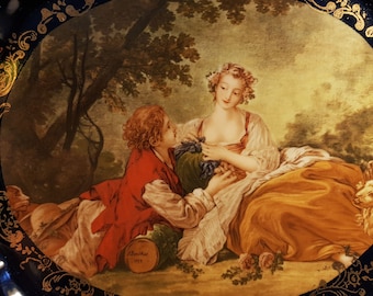 1895 - 1915, Meissen Cobalt Blue and Gold Porcelain Cabinet Plate &quot;La Marotte&quot;, Francois Boucher Painting, Marked, #8
